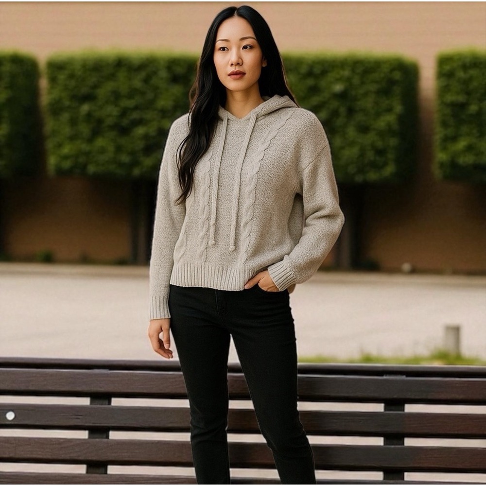 Misslook Women's Cable Knit Hoodie Pullover Drawstring Gray Sweater Size M